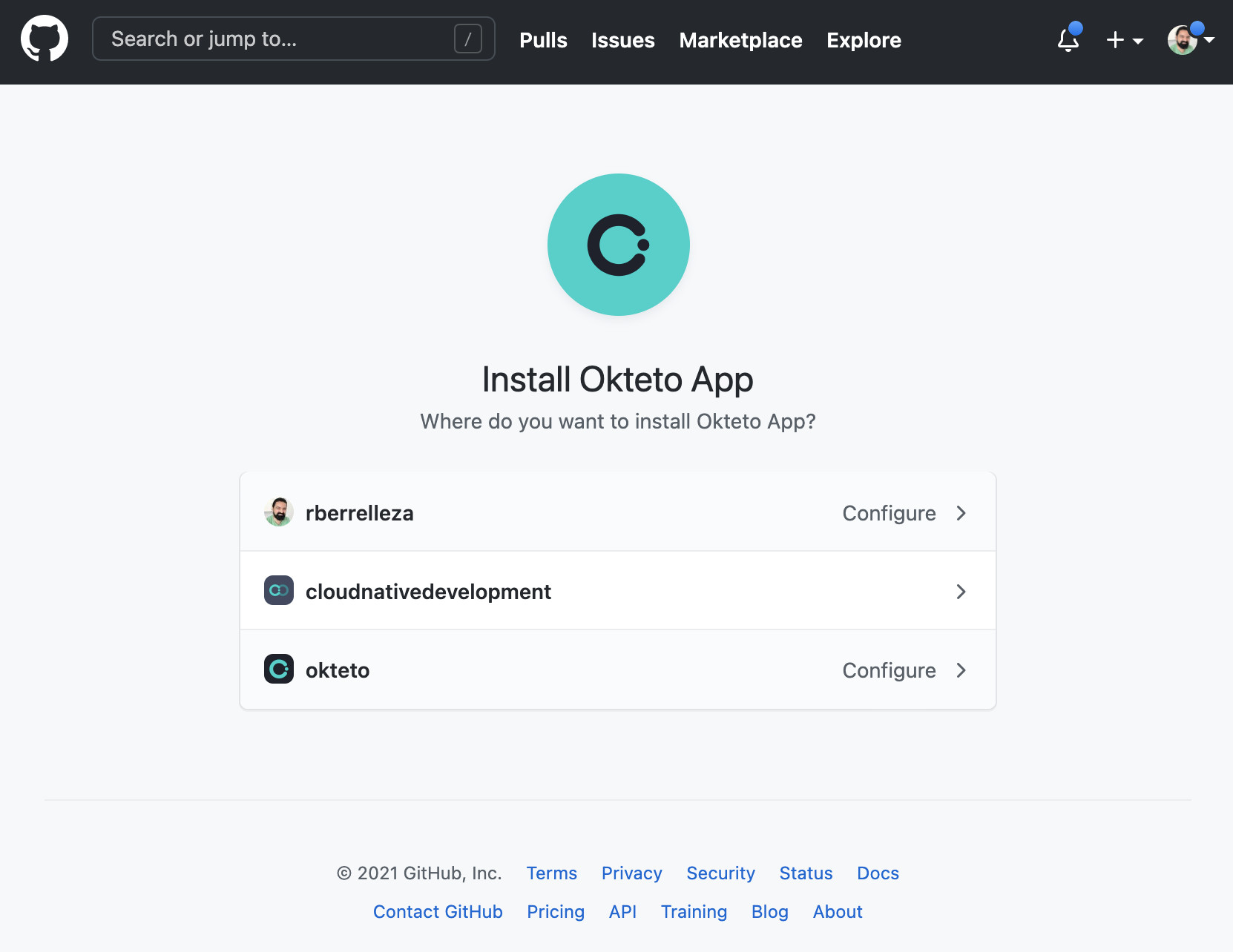 GitHub dialog to install the Okteto App on your accounts and organizations